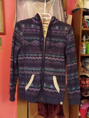 Navy & Purple Geometric Sherpa Lined Fitted Zip Up Hoodie